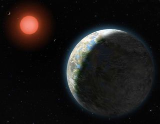 This artist's conception shows the inner four planets of the Gliese 581 system and their host star, a red dwarf only 20 light-years from Earth.