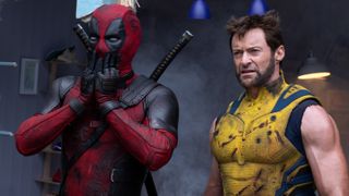 Deadpool (Ryan Reynolds) looking shocked stood next to Wolverine (Hugh Jackman) in "Deadpool & Wolverine"