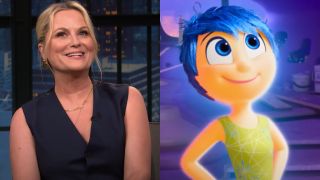 From left to right: Amy Poehler smiling on Late Night with Seth Meyers and Joy in Inside Out 2 smiling and standing with her hands on her hips.