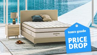 Saatva Classic Mattress shown on a beige bedframe with a blue price drop badge overlaid