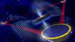 An artist's impression of the LISA detector, and the gravitational waves it will search for.