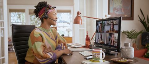 Woman on video conference using Poly Studio P5