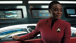 A Starfleet communicator badge worn by Nyota Uhura (Lt. Celia Rose-Gooding) in "Star Trek: Strange New Worlds."