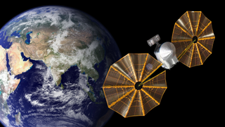 An illustration of NASA&#039;s asteroid visiting Lucy spacecraft as it swings past Earth for a gravity assist, with one solar array not quite completely deployed.