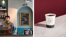 workshop coffee’s Fitzrovia coffee bar, left, and a cup of its single origin coffee in a white cup with black print