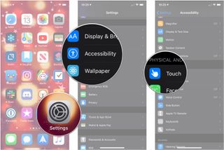 Customize Haptic Touch, showing how to open Settings, tap Accessibility, then tap Touch