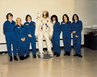 (L to r) NASA astronauts Shannon W. Lucid, Margaret Rhea Seddon, Kathryn D. Sullivan, Judith A. Resnik, Anna L. Fisher and Sally K. Ride. These six women were the first official female astronaut candidates, although 12 women underwent some astronaut training in the 1960s.