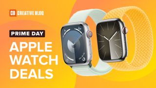 Three Apple Watches, of unknown model, huddle suspiciously together next the text, 'Amazon Prime Apple Watch Deals.'