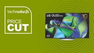 LG C3 OLED TV with blue green waves on screen on green background with price cut sign