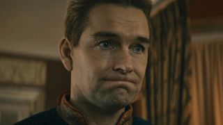Close-up of Homelander's disappointed and worried face after seeing Sister Sage's lobotomy wound in The Boys Season 4