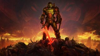 Screenshot from the video game Doom. An man in sci-fi style armor is holding a massive sworld whilst standing on top a pile of demon corpses.