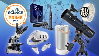 Multiple science products displayed on a blue background with the live science prime day deals logo in the top left corner