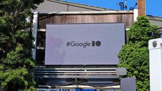 An electronic billboard showing the Google I/O label