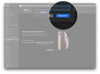 Transferring iPhone data on macOS Catalina showing steps to Click Restore