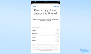 A screenshot of the iOS settings app, showing the keep data options available when signing out of an Apple ID