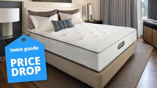 The Marriott Innerspring Mattress on a bed frame in a Marriott Hotel room, a Tom&#039;s Guide price drop deals graphic (left)