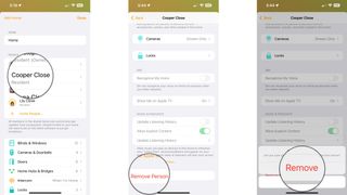 How to remove a user from your HomeKit home on the iPhone by showing steps: Tap a Profile Photo or Name, Tap Remove Person, Tap Remove to confirm.