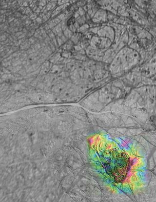 Thera Macula (false color) is a region of likely active chaos production above a large liquid water lake in the icy shell of Europa. Color indicates topographic heights relative to background terrain. Purples and reds indicate the highest terrain.