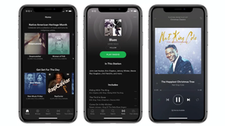 Three iPhones side by side displaying various Spotify interfaces