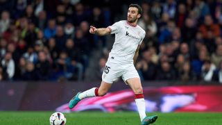 Inigo Lekue of Athletic Bilbao runs with the ball ahead of the Athletic Club vs Mallorca 2024 Copa del Rey final