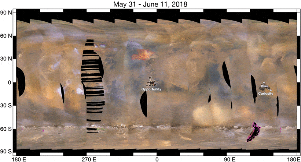 This GIF shows the expansion of Mars' huge dust storm of May-June 2018, as observed by NASA's Mars Reconnaissance Orbiter.