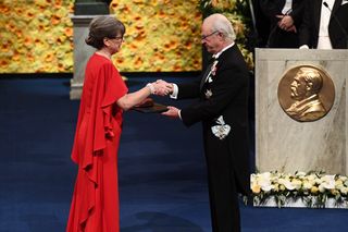 Donna Strickland receives her Nobel Prize from King Carl XVI Gustaf of Sweden during the award ceremony on Dec. 10, 2018 at the Concert Hall in Stockholm, Sweden.