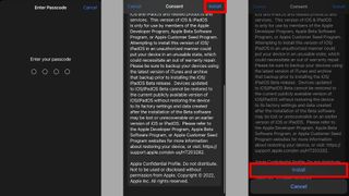 Screen shots showing: Entering passcode, tapping install, and tapping install again.