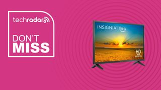 An Insignia 32-inch F20 Series HD TV on a pink background with text saying Don't Miss next to it.