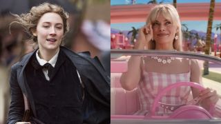 From left to right: Saoirse Ronan as Jo March running in Little Women and Margot Robbie as Barbie driving her car and saluting with two fingers in Barbie.