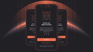 NymVPN's app homepage on three smartphones' screens, on a binary code background