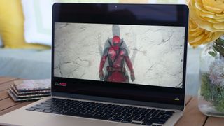 MacBook Air 13 M3 showing a movie trailer to demonstrate display brightness and vibrancy