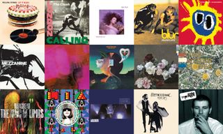 A collage of British music album covers