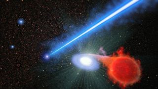 An illustration of a black hole jet and a nova explosion in space.