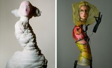 Left Image: Left, Vermeer, made from sofa stuffing and fish wire sculpture Right: painted mannequin, netting from a package of firewood, a plastic cleaning glove, and a wig moulded with acrylic paint