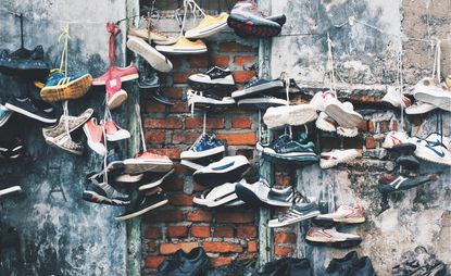 Hanging shoes on a wall