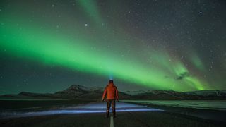 A man stands on the road watching a green aurora in the sky