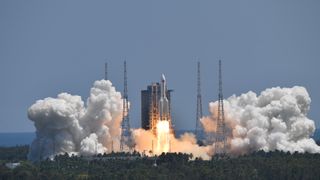 A Long March-5B Y3 rocket carrying China's space station lab module Wentian blasts off from Wenchang Spacecraft Launch Site on July 24, 2022 in Wenchang, Hainan Province of China.