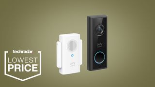 The Eufy Video Doorbell Battery with its bundled chime on a green background