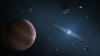 An artist&#039;s depiction of an exoplanet and a debris disk orbiting a white dwarf star.