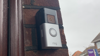 Ring Battery Video Doorbell Pro fitted on a brick wall