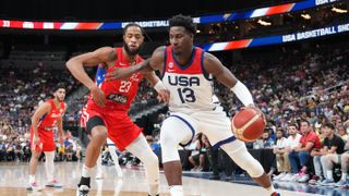 Jaren Jackson Jr. #13 of the USA Men's National Team dribbles the ball during the 2023 FIBA Basketball World Cup warm-up game.