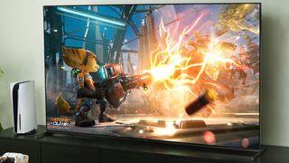 Ratchet & Clank being played on a PS5 and a Sony Bravia gaming TV.