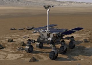 Graphic illustration of the Rosalind Franklin rover on the surface of Mars.