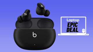 Black Beats Studio Buds with charging case against blue gradient background