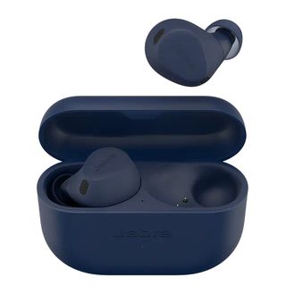 Jabra Elite 8 Active earbuds in blue with case render.