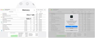 To check the Mac Activity Monitor, sort the table by Memory. Highly a process that is using a lot of memory. This process might be unfamiliar or unneeded. Click the X icon at the top to shut down the highlighted process. Choose Force Shut Down to confirm the shutdown.