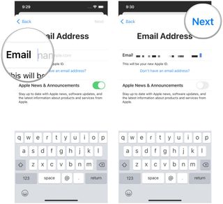 Create a new Apple ID on iPhone by showing: Type in the email you want to use or create a new iCloud email, choose if you want Apple News & Announcement emails, then tap Next