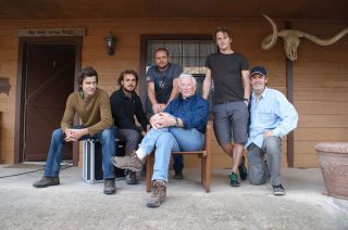 Gene Cernan (center) with "The Last Man on the Moon" film crew at his ranch in Texas.