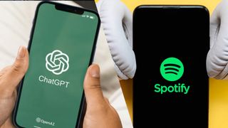 ChatGPT logo on phone next to Spotify logo on phone