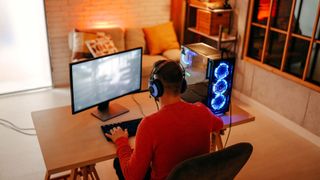 Man sitting at computer desk playing computer games